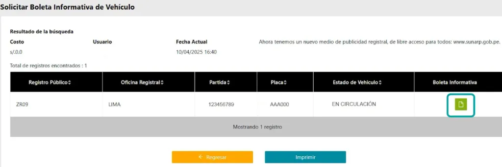 boleta informativa de vehículo
